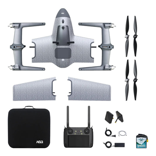 A diagram of full Swan Voyager VTOL drone parts including a carring case, wings, body, propellers, a battery, charger and cable. 