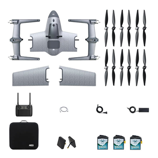 A diagram with full HEQ Swan VTOL parts and extra 2 sets of propellers and extra 2 batteries; featuring the rest of standard set accessories-controller, carrying case, charger and cable