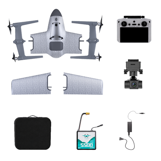 Collection of drone components including a drone, controller, camera, battery, and carrying case on a white background.