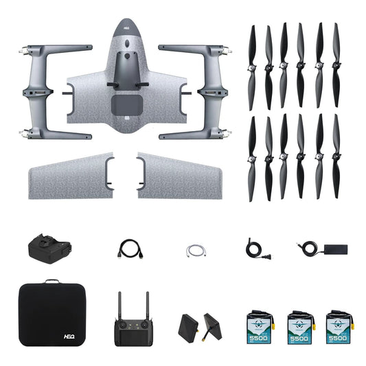 A collection of Swan voyager drone parts and accessories including the Swan voyager, a HEQ FPV goggles, propellers, a remote controller, batteries, a carry case, charger and cables.