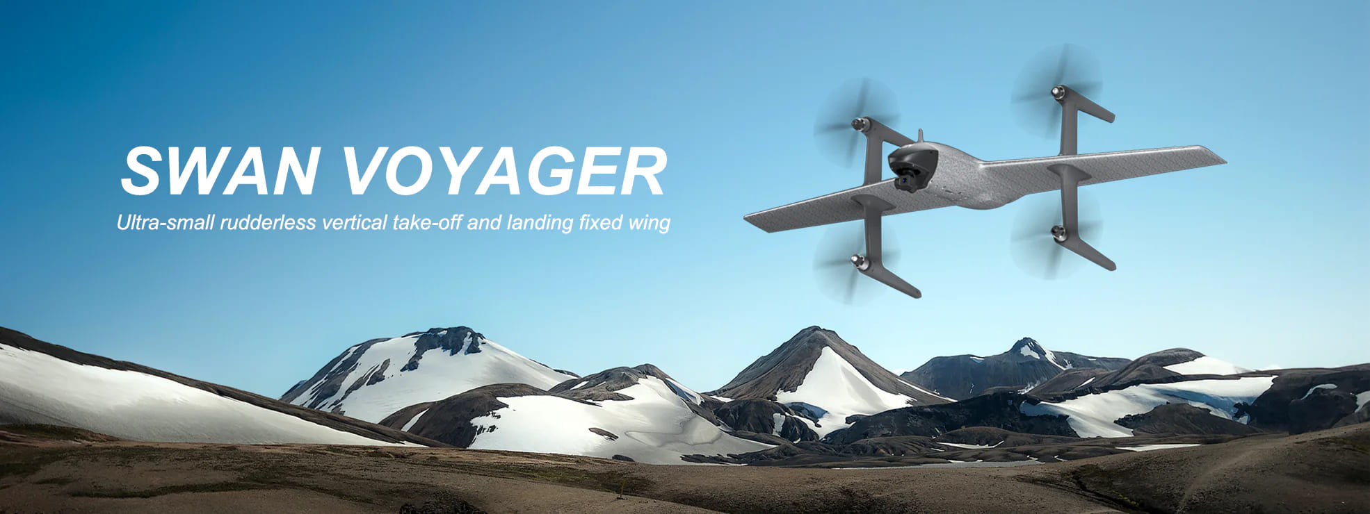 A HEQ Swan Voyager drone, an ultra-small rudderless VTOL fixed wing flying in motion in the air with snow moutain and sky in the background